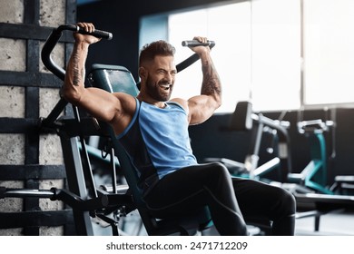 Chest exercise. Handsome muscular man working out hard at gym, free space - Powered by Shutterstock