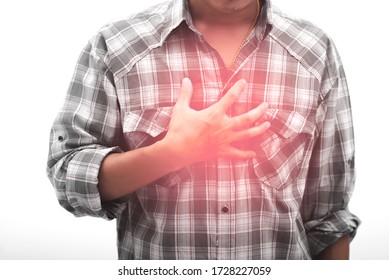 Chest Pain Isolated On White Background Or Burning Sensation In The Middle Of The Chest.