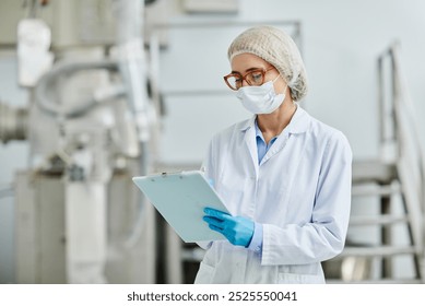 Chest up shot of female production supervisor wearing professional uniform writing in notepad documenting monitoring results at pharmaceutical manufacturing factory, copy space - Powered by Shutterstock