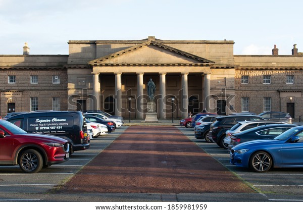 Chester, Cheshire, UK. November 22, 2020.\
Chester Crown Court, Castle Square with car\
park.