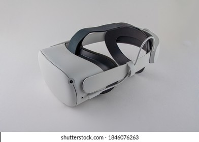 CHESTER, ENGLAND - NOVEMBER 1, 2020: Oculus Quest 2 virtual reality headset with optional Elite headstrap attached