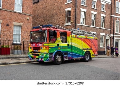 Chester / UK - August 11 2018: Cheshire Fire Service Rainbow Fire Engine At Chester Pride Event. The Service Is Committed To LGBT Equality And Inclusion.