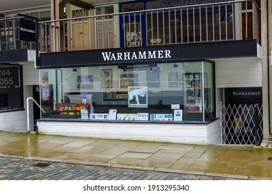 Chester; UK: Jan 29, 2021: The Warhammer Games Workshop store on Watergate Street. Warhammer are specialist retailers of fantasy board games and figures.