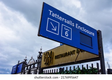 Chester, UK: Jul 3, 2022: A sign marks the entrance to the Tattersalls Enclosure and 1539 Restaurant at Chester Racecourse. This is the largest enclosure and stand on the racecourse.