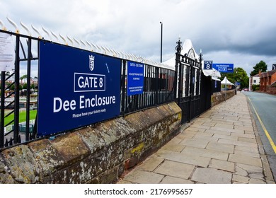 Chester, UK: Jul 3, 2022: A sign marks the entrance to the Dee Enclosure and Dee Stand at Chester Racecourse. This is an uncovered viewing area.