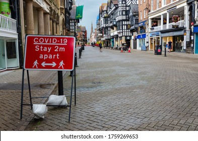 Chester, UK: Jun 14, 2020: A General Street Scene Of Chester City Centre Showing Some Traffic & Pedestrian Restrictions Which Have Been Put In Place To Allow Social Distancing Due To Covid-19 Pandemic