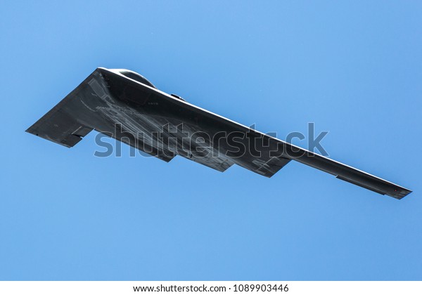 CHESTERFIELD, MISSOURI / USA - MAY 14, 2016: A\
United States Air Force B-2 Spirit gives a flyby at the 2016 Spirit\
of St. Louis Air Show & STEM\
Expo.