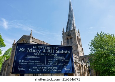 Chesterfield, UK- May 14, 2022: St May and All Saints Church with the crooked spire in Chesterfield England