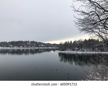 Chestnut Hill Reservoir In Winter Sunset, Boston, Massachusetts, USA.