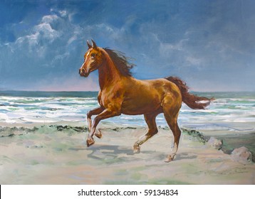 Chestnut horse galloping on shore, painting