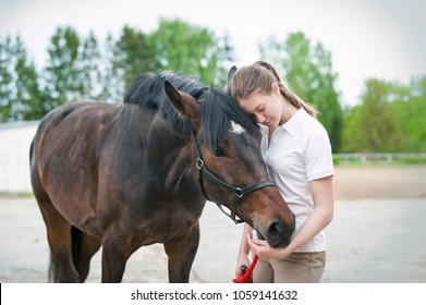 Chestnut horse together with her favorite owner young teenage girl. Colored outdoors horizontal summertime image. Slightly filtered.