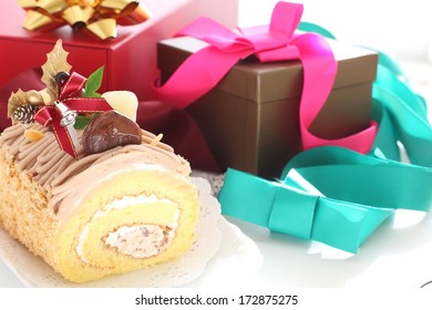 Chestnut Roll Cake With Christmas Decoration