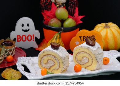 Chestnut Roll Cake And Ghost For Halloween Party