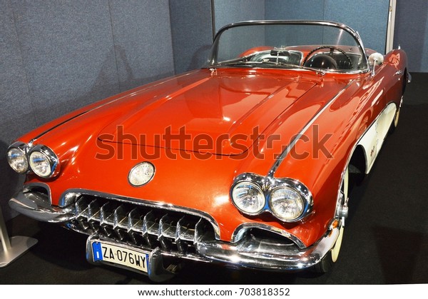 Chevrolet Corvette red, at Vintage car show Padova,\
Italy - oct 25 2015
