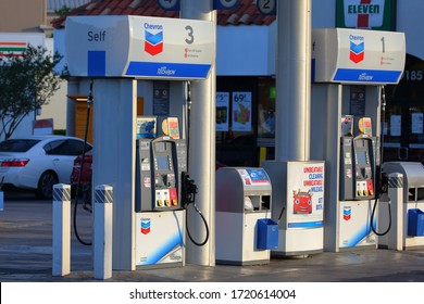 Chevron Branded Gasoline Pumps At  A Gas Station.  Chevron Is A NYSE Publicly Traded Company With Stock Ticker CVX - San Antonio, Texas, USA - May, 2, 2020