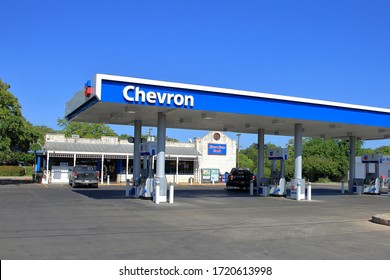 A Chevron Branded Gasoline Station.  Chevron Is A NYSE Publicly Traded Company With Stock Ticker CVX - Fredericksburg, Texas, USA - May, 2, 2020