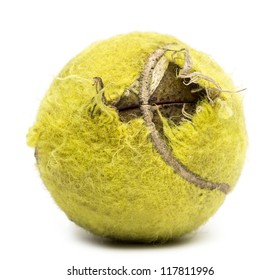 Chewed tennis ball against white background
