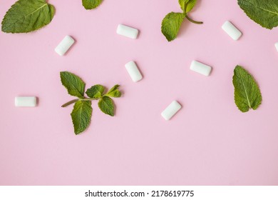 Chewing Gum With Mint On Pink Background