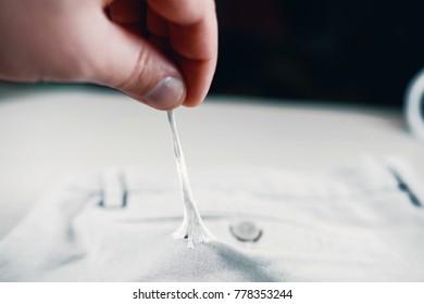 Chewing Gum Stuck To The Jeans Closeup, Removal Of Chewing Gum From Pants