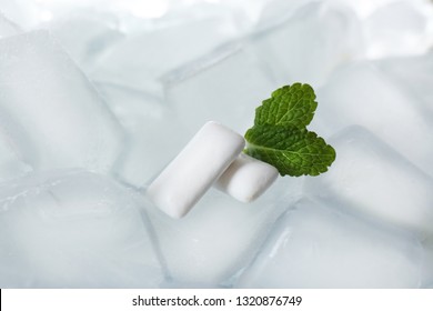 Chewing Gums And Mint On Ice Cubes, Closeup