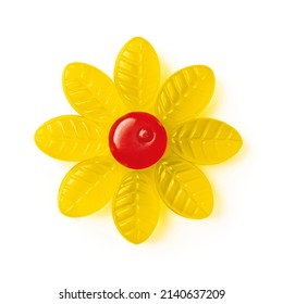 Chewy Candy Arranged In A Flower Shape Isolated On A White Background. Tasty Gummy Sweets Of Red Yellow Colors Cutout. Candy Made Of Fruit Juice, Sugar And Gelatin. Sweet Fruit Chews Concept. Closeup.