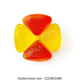 Chewy Candy Medal Of Yellow Red Colors Isolated On A White Background. Tasty Gummy Sweets Arranged In A Medal Shape Cutout. Candy Made Of Fruit Juice, Sugar And Gelatin. Fruit Chews Concept. Top View.