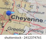 Cheyenne, Wyoming marked by a blue map tack.  The City of Cheyenne is the capital of of the state and the county seat of Laramie County, WY.