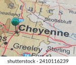 Cheyenne, Wyoming marked by a green map tack.  The City of Cheyenne is the capital of of the state and the county seat of Laramie County, WY.