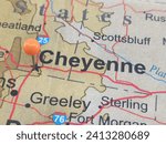 Cheyenne, Wyoming marked by an orange map tack.  The City of Cheyenne is the capital of of the state and the county seat of Laramie County, WY.