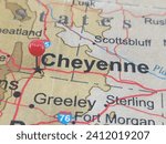 Cheyenne, Wyoming marked by a red map tack.  The City of Cheyenne is the capital of of the state and the county seat of Laramie County, WY.