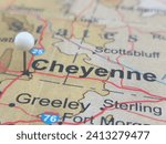 Cheyenne, Wyoming marked by a white map tack.  The City of Cheyenne is the capital of of the state and the county seat of Laramie County, WY.