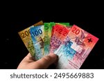 CHF money banknotes, detail photo of swiss franc. Swiss Franc currency