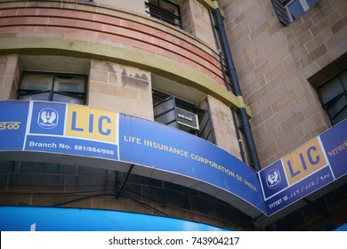 Chhatrapati Shivaji Terminus Area, Fort, Mumbai, Maharashtra, India - October 25, 2017 - A closeup of the trademark brand logo of Life Insurance Corporation India hanging outside their office building