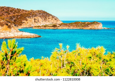 Chia Beach Near Blue Waters Of The Mediterranean Sea In Province Of Cagliari Of South Sardinia In Italy.