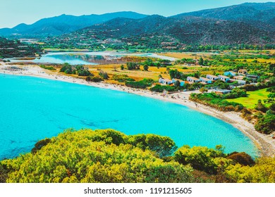 Chia Beach On Blue Waters Of The Mediterranean Sea In Province Of Cagliari Of South Sardinia In Italy.