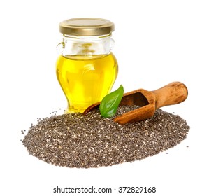 Chia Oil With Seed. Isolated On White Background.