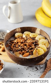 Chia Pudding Bowl with Banana, Granola and Cinnamon, Healthy Breakfast or Snack, Vegetarian Food