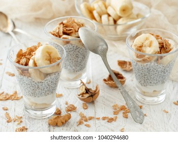 Chia Pudding Parfait, Layered With Banana And Granola