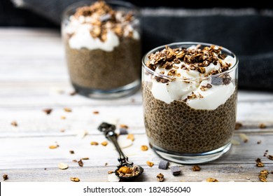 Chia seed pudding made with yogurt dan oats with extreme shallow depth of field.