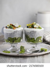 Chia Seed Pudding Parfait With Kiwi In  A Glass