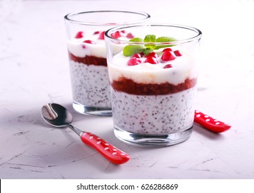 Chia Seed And Yogurt, Berry  Layered Snacks In Glasses