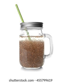 Chia Seeds Drink In Glass Jar With Straw, Isolated On White