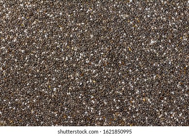 Chia Seeds. Enlarged Background Of Chia Seeds. Scattered Chia Seeds