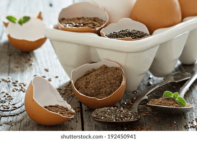 Chia Seeds And Flaxseed - Egg Replacers Placed In Egg Shells