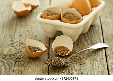 Chia Seeds And Flaxseed - Egg Replacers Placed In Egg Shells