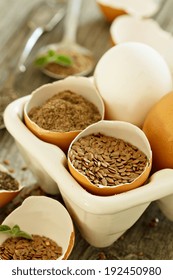 Chia Seeds And Flaxseed - Egg Replacers Placed In Egg Shells