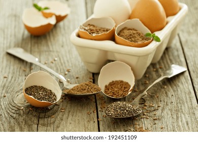 Chia Seeds And Flaxseed - Egg Replacers Placed In Egg Shells