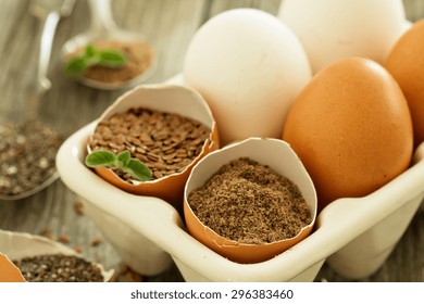 Chia Seeds And Flaxseed Egg Replacers Placed In Egg Shells