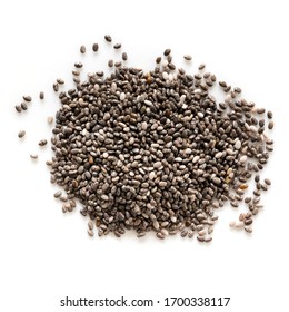  Chia seeds pile, top view, isolated on white.