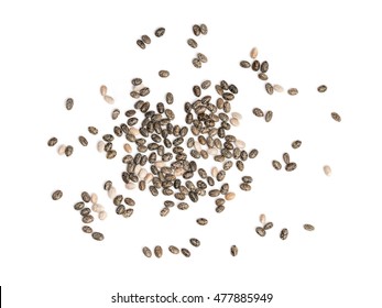 Chia seeds spread out on white background seen from above